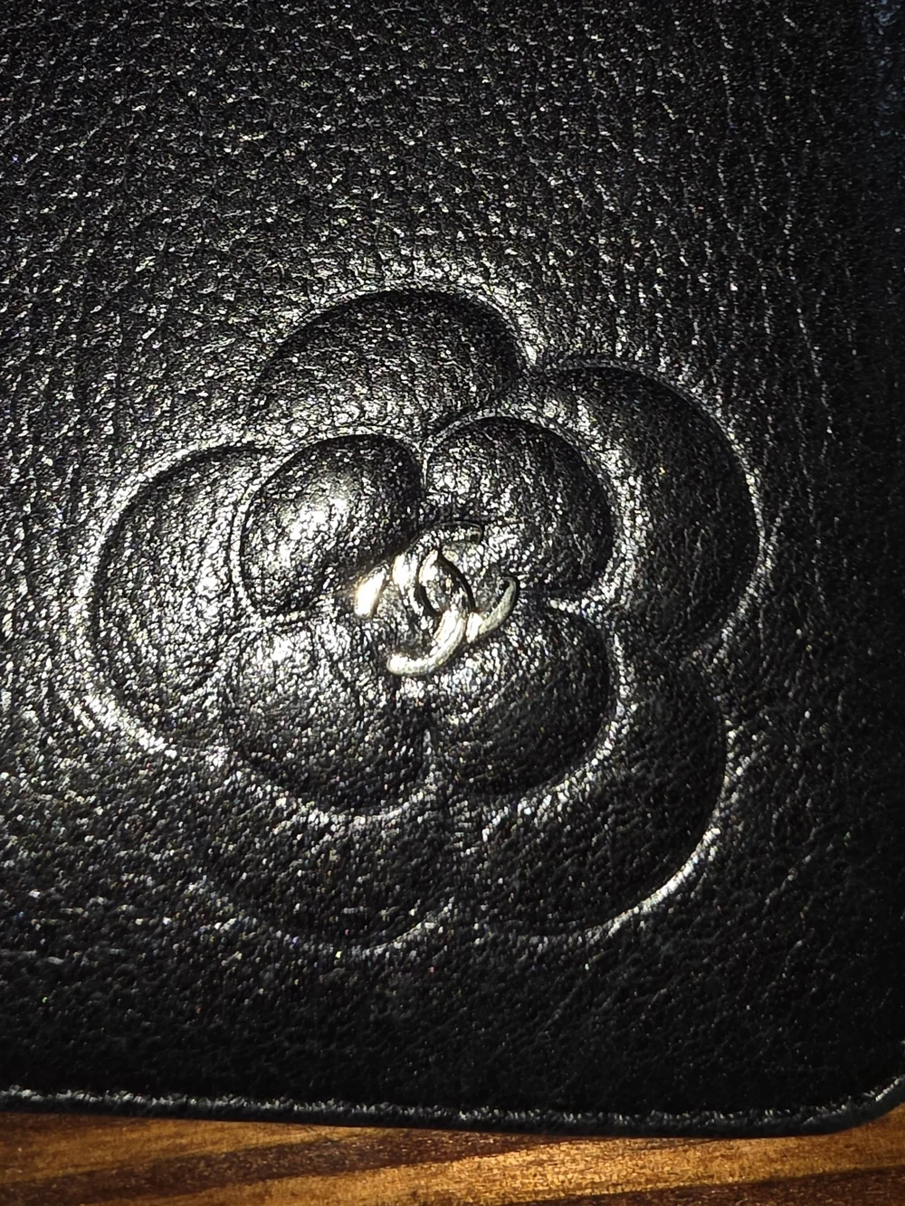 CHANEL Black Lambskin Leather Billfold Camellia Floral Accent With CC Emblem